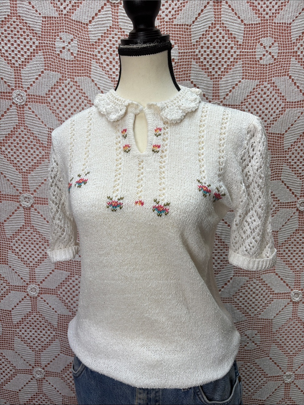 Vintage Phillippe White Floral Knit Cottagecore Top